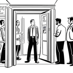 Sketch of a man, representing Sneako, conducting interviews and simultaneously being ushered through a revolving door, alluding to his platform challenges, against a white backdrop.
