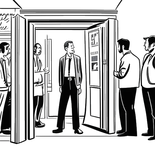 Boceto de un hombre, que representa a Sneako, realizando entrevistas y siendo conducido a través de una puerta giratoria, aludiendo a sus desafíos en plataformas, sobre un fondo blanco.