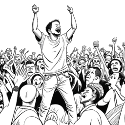 Esboço linear de um homem, simbolizando Sneako, entre uma multidão aplaudindo com um microfone e tênis nas proximidades, e uma tatuagem proeminente 'Runaway' em seu braço, indicativo de sua devoção e individualidade, em um fundo branco.