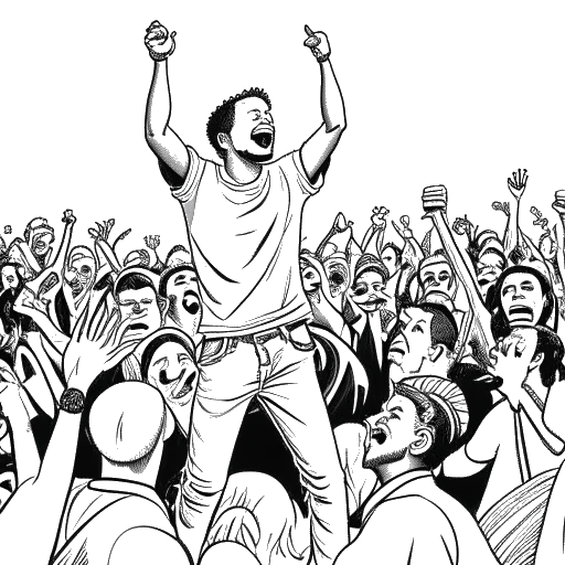 Strichskizze eines Mannes, der Sneako symbolisiert, mitten in einer jubelnden Menschenmenge mit einem Mikrofon und einem Sneaker in der Nähe sowie einem prominenten 'Runaway'-Tattoo auf seinem Arm, was auf seine Fandom und Individualität hinweist, auf einem weißen Hintergrund.