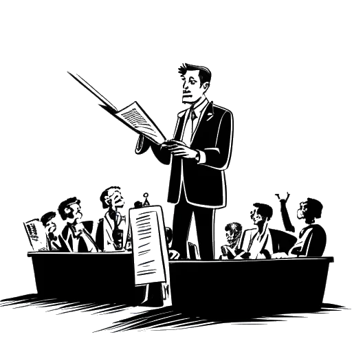Minimalistische Zeichnung eines Mannes, der Sneako repräsentiert, am Rednerpult umgeben von Medien und Blitzlichtern, mit seinem Schatten in Gebetshaltung, was sowohl öffentliche Aufmerksamkeit als auch private Herausforderungen beschwört, auf einer weißen Leinwand.