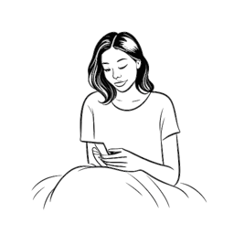 Line art drawing of a woman, representing Bobbi Althoff, holding her smartphone while sitting in bed.