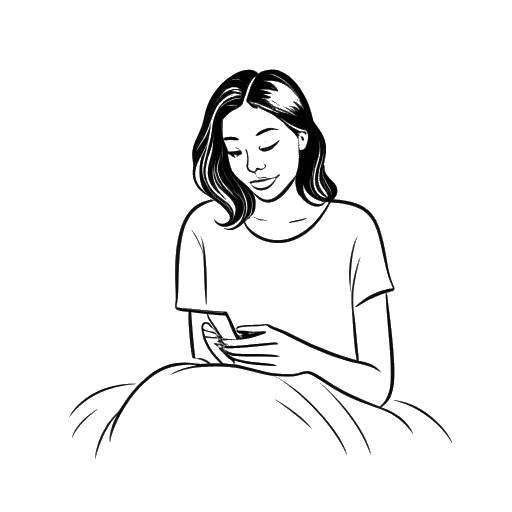 Desenho em arte de linha de uma mulher, representando Bobbi Althoff, segurando seu smartphone enquanto está sentada na cama.