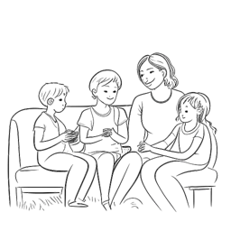 Desenho em arte de linha de uma mulher, representando Bobbi Althoff, passando momentos de qualidade com sua família.