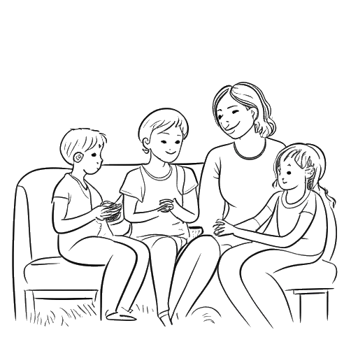 Desenho em arte de linha de uma mulher, representando Bobbi Althoff, passando momentos de qualidade com sua família.