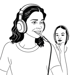 Desenho em arte de linha de uma mulher, representando Bobbi Althoff, conversando com celebridades em um podcast.