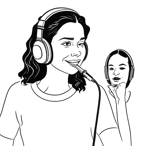 Desenho em arte de linha de uma mulher, representando Bobbi Althoff, conversando com celebridades em um podcast.