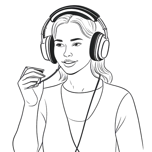 Line art illustration of a woman embodying Bobbi Althoff, holding a mobile device, headphones around her neck, and a microphone in hand, representing her prominent activities in digital content creation, podcast hosting, and social media influencing against a white backdrop.