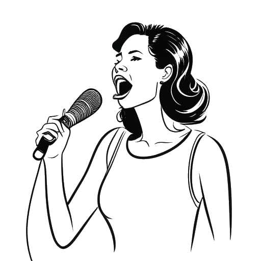 Lijnkunsttekening van een vrouw die Bobbi Althoff vertegenwoordigt, die een microfoon vasthoudt, met vraagtekens en bliksemschichten op de achtergrond, waarmee haar controversiële en snelle opkomst naar roem wordt gesymboliseerd