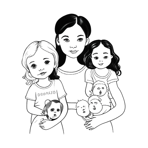 Disegno in bianco e nero di una donna che rappresenta Bobbi Althoff, che tiene due bambole, con i nomi Richard e Concrete scritti su di esse, simboleggiando le sue figlie