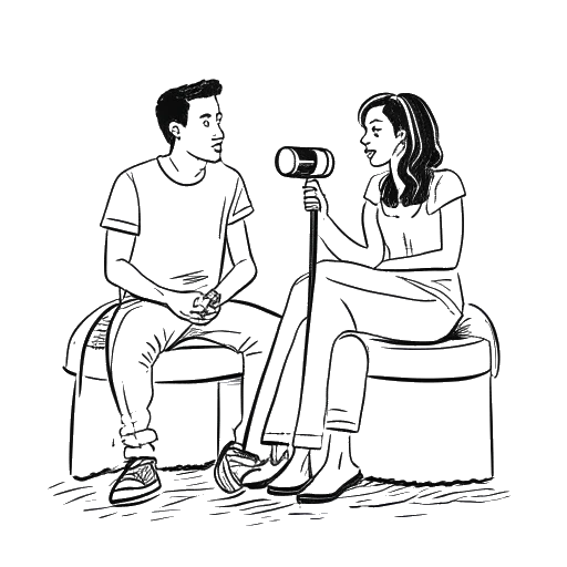 Dibujo de arte lineal de una mujer y un hombre, que representan a Bobbi Althoff y Drake, sentados en una cama con un micrófono entre ellos