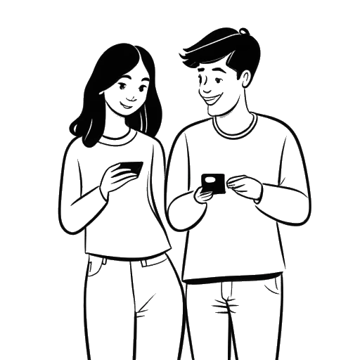 Dibujo de arte lineal de una mujer y un hombre, que representan a Bobbi Althoff y Cory Althoff, sosteniendo teléfonos con el logotipo de Bumble mostrado