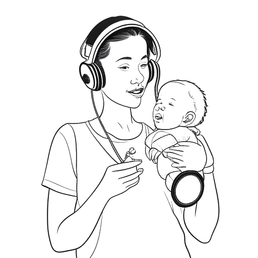 Dibujo de arte lineal de una mujer que representa a Bobbi Althoff, sosteniendo un bebé y un juguete, con un micrófono y auriculares en el fondo, simbolizando su trabajo como niñera y su carrera como influencer y conductora de podcasts