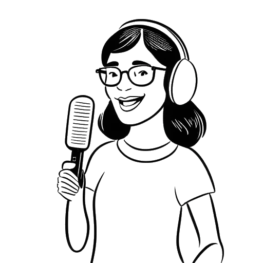 Lijnkunsttekening van een vrouw die Bobbi Althoff vertegenwoordigt, die een microfoon vasthoudt, met een tekstballon met de woorden 'The Really Good Podcast' en het jaar '2023' op de achtergrond