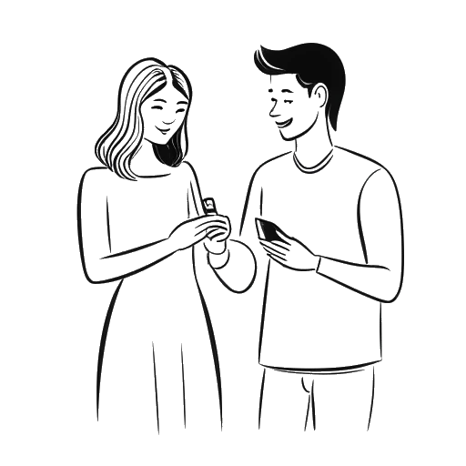 Line art drawing of a woman and a man, representing Bobbi Althoff and her husband, holding a smartphone displaying a proposal video