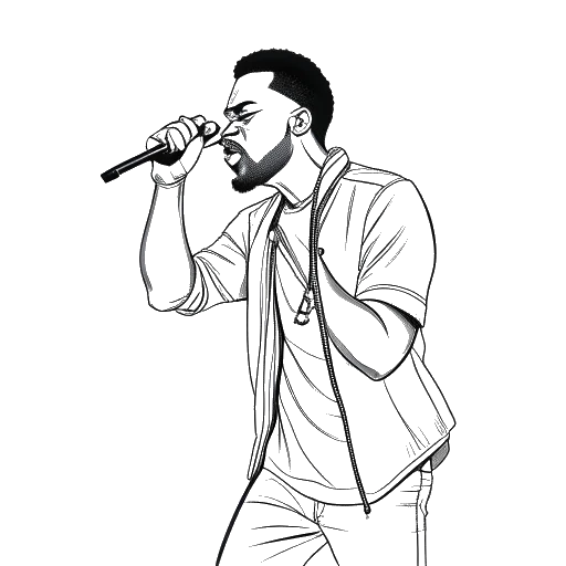 Lijnart-tekening van een man, die Sean Paul vertegenwoordigt, die wereldwijde erkenning verwerft in de muziekindustrie door een fusie van dancehall, reggae en popmuziekstijlen