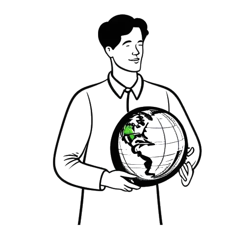 Line art drawing of a man, representing Sean Paul, holding a globe with a green leaf, symbolizing climate change awareness.