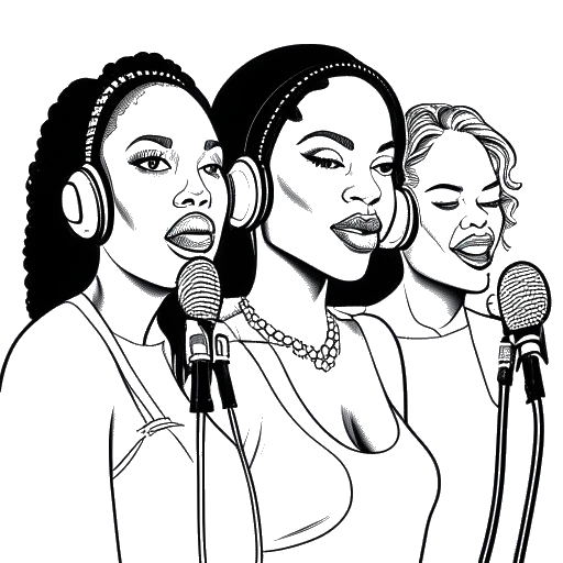 Line art drawing of a man, representing Sean Paul, with three microphones labeled with the names Beyoncé, Rihanna, and Sia.