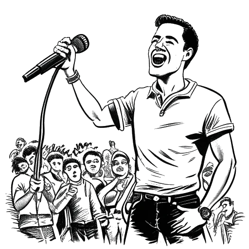 Line art drawing of a man, representing Sean Paul, holding a microphone and an album titled 'Dutty Rock' with fans cheering in the background.