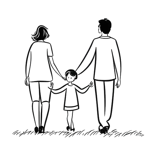 Lijntekening van een man en vrouw, die Sean Paul en Jodi Stewart vertegenwoordigen, hand in hand met hun twee kinderen.