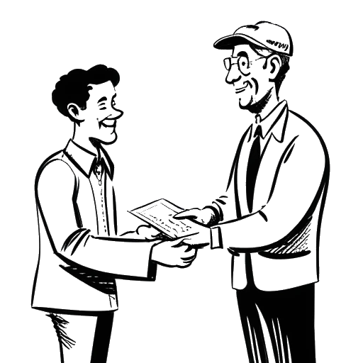 Line art drawing of a man, representing Sean Paul, presenting a donation check to a representative of a disadvantaged community in Jamaica.