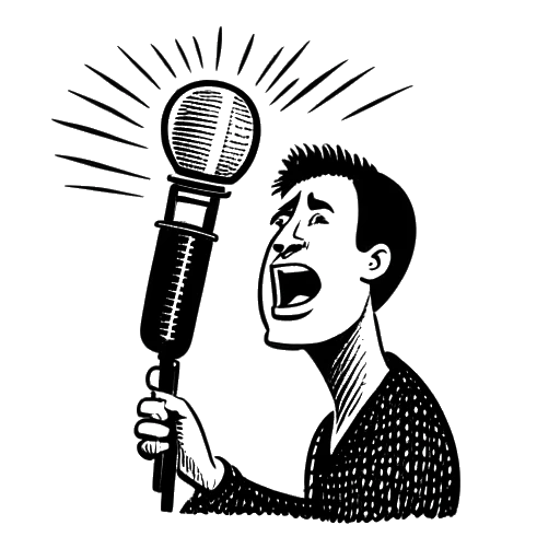 Line art drawing of a man, representing Sean Paul, singing into a microphone with the word 'Gimme' written on it and a lightbulb above his head, symbolizing the inspiration for the song 'Gimme the Light'.