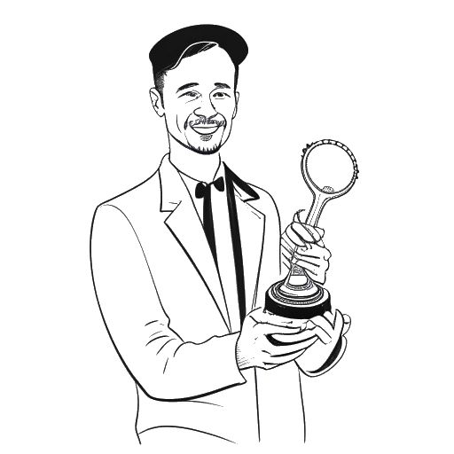 Line art drawing of a man, representing Sean Paul, holding a Grammy award and an album.