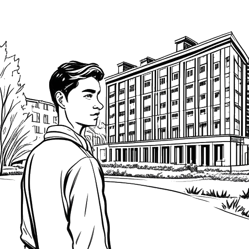 Line art drawing of a man, representing Sean Paul, studying at a university with a hotel in the background.