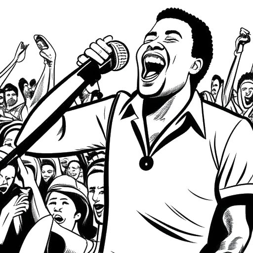 Line art drawing of a man, representing Sean Paul, singing into a microphone with fans of various ethnicities cheering in the background, symbolizing the diverse fan base inspired by his music to learn Jamaican Patois.
