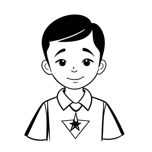 Line art drawing of a boy, representing Sean Paul, wearing a school uniform with a Star of David and a cross in the background.