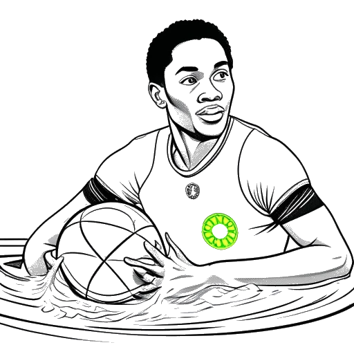 Line art drawing of a man, representing Sean Paul, playing water polo with a Jamaican flag in the background.