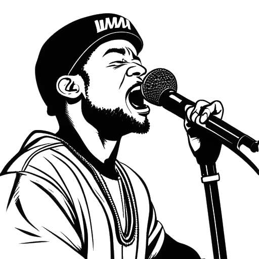 Dibujo de arte lineal de un hombre, representando a Sean Paul, improvisando con un micrófono y las palabras 'Zim Zimma' en el fondo.