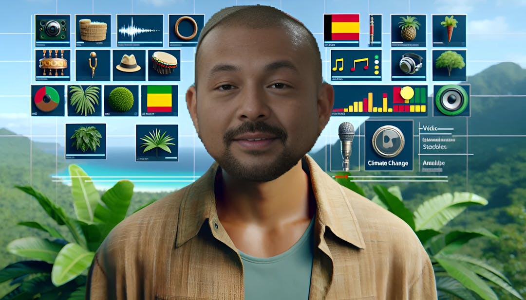 Sean Paul, a male with medium or olive complexion, facing the camera with a relaxed smile in vibrant attire reflecting his music style and Jamaican heritage. The image features musical symbols and greenery, showcasing his reggae influence and environmental advocacy.