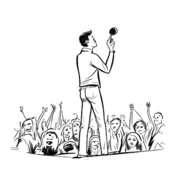 Lijn art tekening van een man, die Elvis Presley vertegenwoordigt, die een uitverkochte concertpubliek betovert met zijn charisma, allemaal tegen een witte achtergrond.