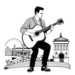 Lijn art tekening van een man met een gitaar, die Elvis Presley vertegenwoordigt, het symboliseren van culturele impact en nalatenschap, met Graceland op de achtergrond, allemaal tegen een witte achtergrond.