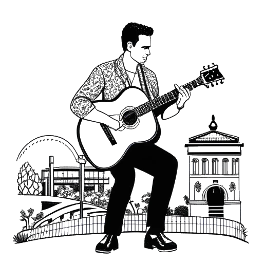 Dibujo de arte lineal de un hombre con una guitarra, representando a Elvis Presley, simbolizando su impacto y legado cultural, con Graceland en el fondo, todo sobre un fondo blanco.