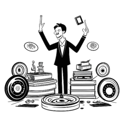Line art drawing of a man, representing Elvis Presley, receiving a Grammy Award, surrounded by records symbolizing his record-breaking sales, all against a white backdrop.