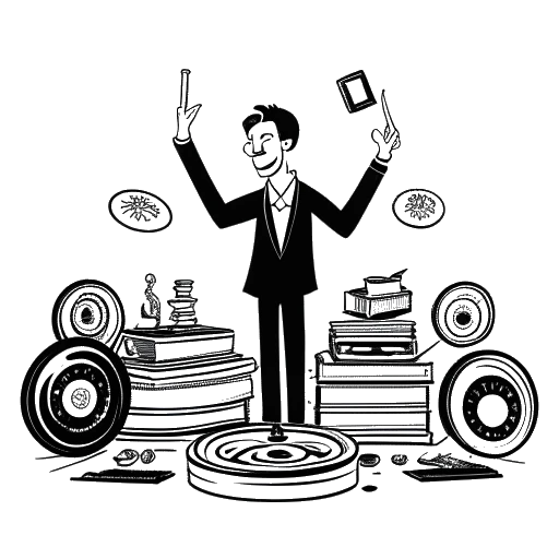 Line art drawing of a man, representing Elvis Presley, receiving a Grammy Award, surrounded by records symbolizing his record-breaking sales, all against a white backdrop.