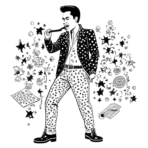 Lijnkunsttekening van een man, die Elvis Presley vertegenwoordigt, met een pompadour-kapsel, gekleed in een versierd jumpsuit, een microfoon vasthoudend. Hij wordt omringd door muzieknoten en dollartekens, allemaal tegen een witte achtergrond.