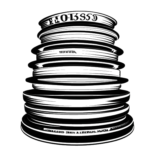 Line art drawing of a large stack of 45 RPM records with a '10 million' banner on top of it, representing Elvis Presley's selling 10 million RCA singles within a year.