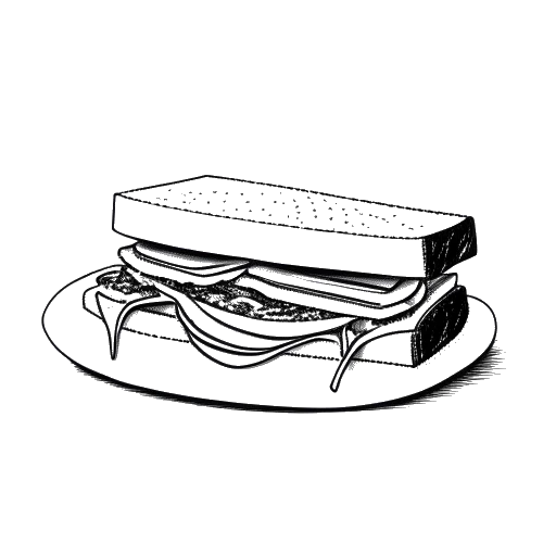 Line art drawing of a sandwich with peanut butter, banana, and bacon on a plate, representing Elvis Presley's favorite food.