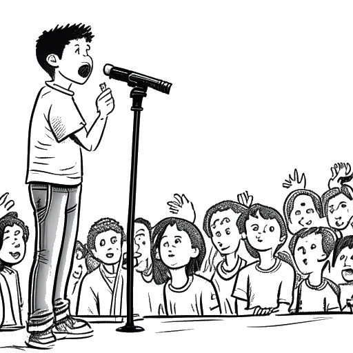 Strichzeichnung eines jungen Jungen, der in ein Mikrofon singt, was Elvis Presleys erste öffentliche Aufführung auf der Mississippi-Alabama Fair darstellt.