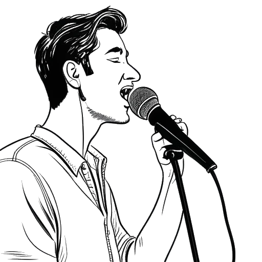 Dibujo lineal de un joven cantando en un micrófono en un estudio de grabación, que representa la primera grabación de Elvis Presley en Memphis Recording Service.