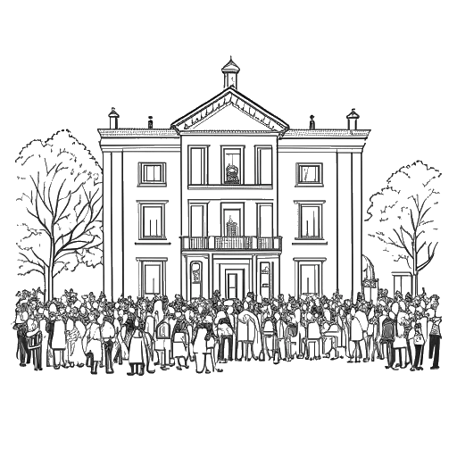 Line art drawing of a crowd of people walking towards a mansion, representing the number of visitors Graceland attracts annually.
