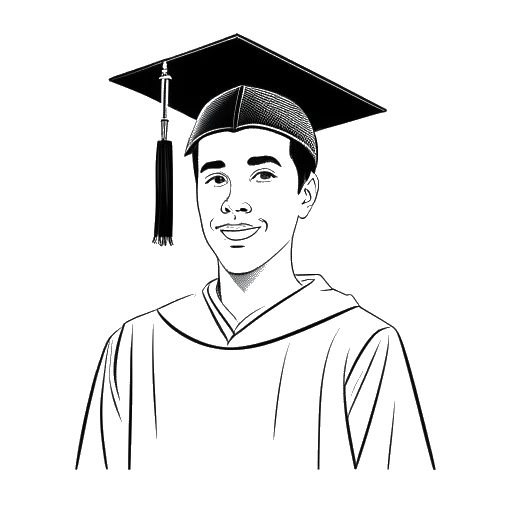 Line art drawing of a young man wearing a cap and gown and holding a diploma, representing Elvis Presley's graduation from L.C. Humes High School in 1953.
