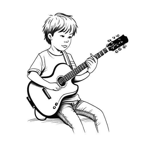 Lijntekening van een jongen die een gitaar vasthoudt, die Elvis Presley's passie voor het bespelen van de gitaar en het ontvangen van zijn eerste gitaar op 11-jarige leeftijd vertegenwoordigt.