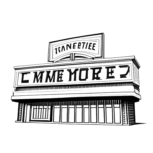 Line art drawing of a movie theater marquee with 'Love Me Tender' written on it, representing Elvis Presley's film debut in 1956.