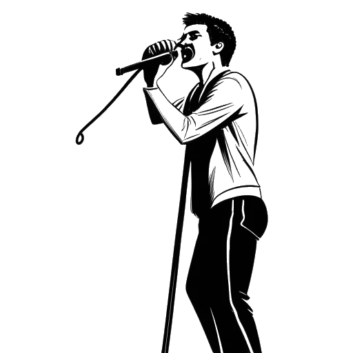 Desenho em arte linear de um homem cantando em um microfone em um palco com um foco de luz brilhando sobre ele, representando o retorno de Elvis Presley às apresentações ao vivo com o especial da NBC 'Elvis' em 1968.