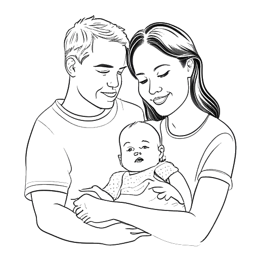 Strichzeichnung eines Ehepaars, das ein Baby hält, was Elvis Presleys Heirat mit Priscilla Beaulieu und die Geburt ihrer Tochter Lisa Marie darstellt.