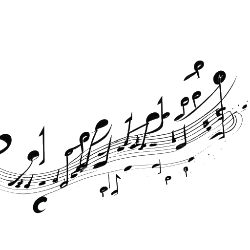 Lijntekening van een notenbalk met noten van laag naar hoog, die het zangbereik van Elvis Presley van twee octaven en een terts vertegenwoordigt.